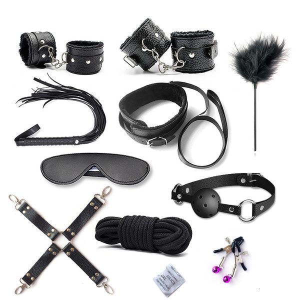 Бондаж 10 PCSSet половые продукты эротические игрушки для взрослых BDSM устанавливают наручники сосков зажимы ляпашки кнут веревки пары женщин 221130