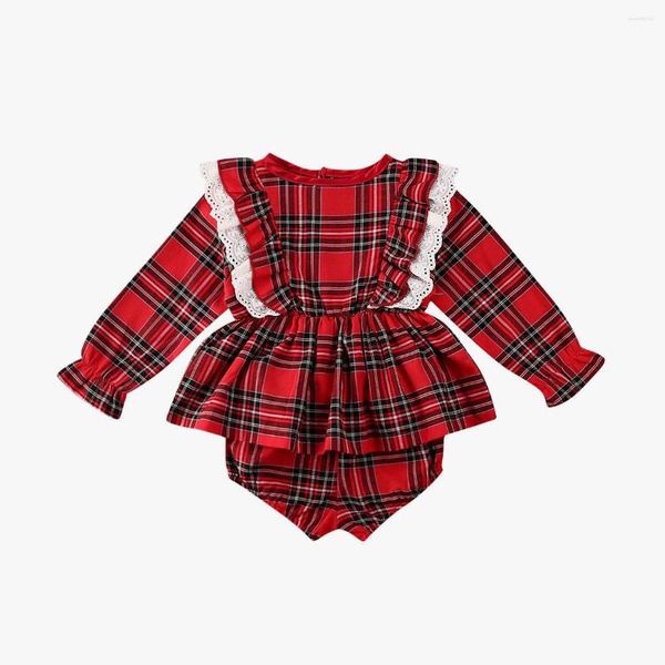 Set di abbigliamento Natale Nato Neonata Abito natalizio Top Pantaloncini per bambini Abiti rossi Completi con volant Plaid Progettato 2 pezzi 0-24 mesi