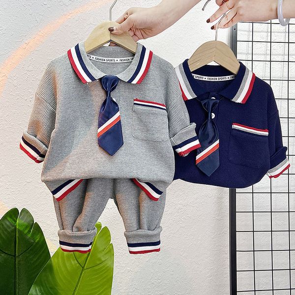 Conjuntos de roupas meninos Spring Spring Gentleman 2pcs Definet para crianças roupas de algodão Waffle Children tracksuit xadrez 1 2 3 4 5 anos 221130