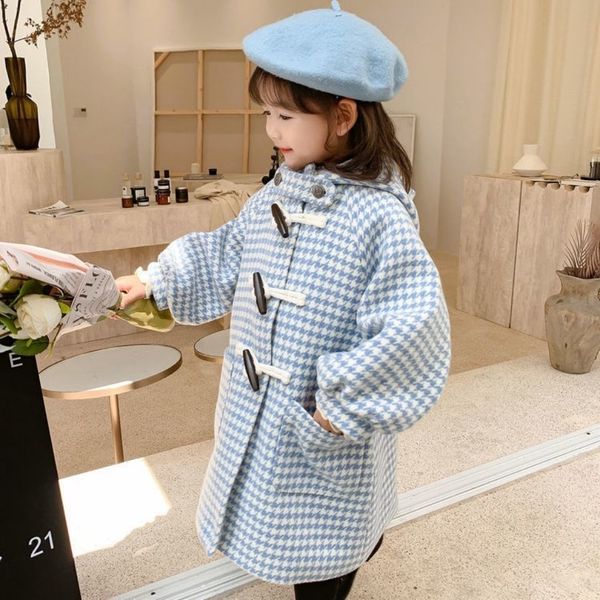 Cappotto Ragazze Blu Pied De Poule Lana Autunno Inverno Giapponese Coreano Giacca A Vento Ragazza Bambino Lungo Corno Fibbia Kid Capispalla 221130