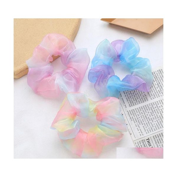 Elastico per capelli Tle Organza Scrunchies Bande elastiche Bande a coda di cavallo Girl Filato Net Hoop Transparent Rainbow Color Drop Delive Dhdhk