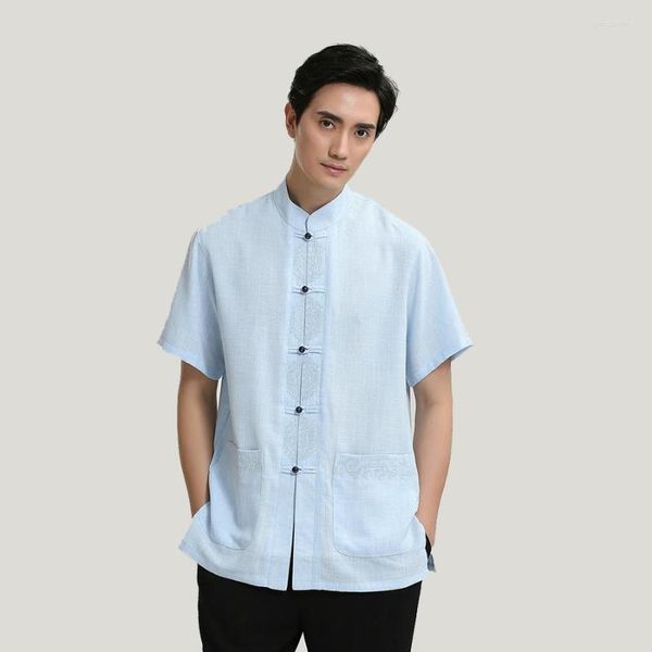 Camicie casual da uomo Marca Estate Camicetta ricamata in stile cinese Camicia a maniche corte in cotone solido da uomo Top M L XL XXL 3XL