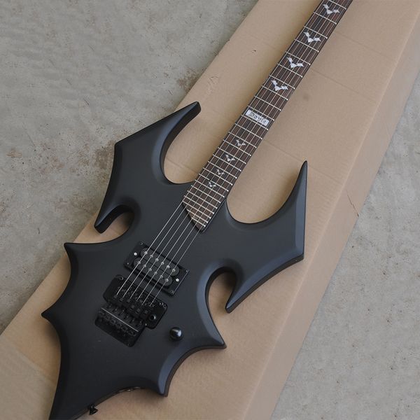 Chitarra elettrica insolita nera opaca a 6 corde con tastiera in palissandro Floyd Rose personalizzabile