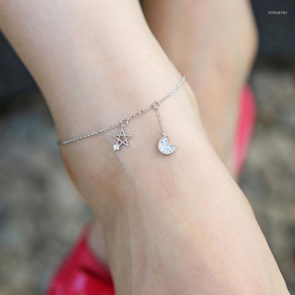 Tornozeleiras moda 925 Sterling Silver Anklet Jewelry Star Moon Pedra Comida para Mulheres Girl S925 Pulseira da perna do tornozelo