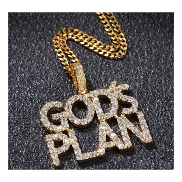 Colares pendentes de colar de letra de zirc￣o de zirc￣o de hiphop plano de Deus Pingente Plano Mens Gold Gold Drop Dated Jewelry Colares Pingents Dhfpe