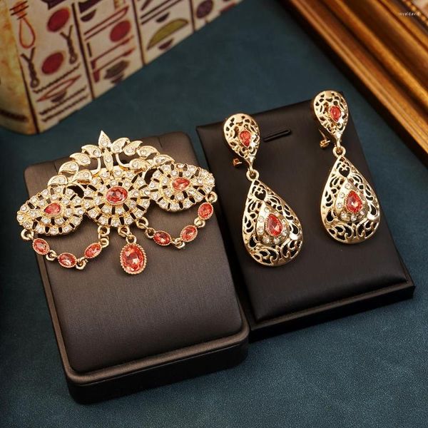 Broches pinos de broche de cristal laranja em joias de casamento na cor marocos de cores douradas para o hajib de noiva Hajib Broche Decorativo de Ropa