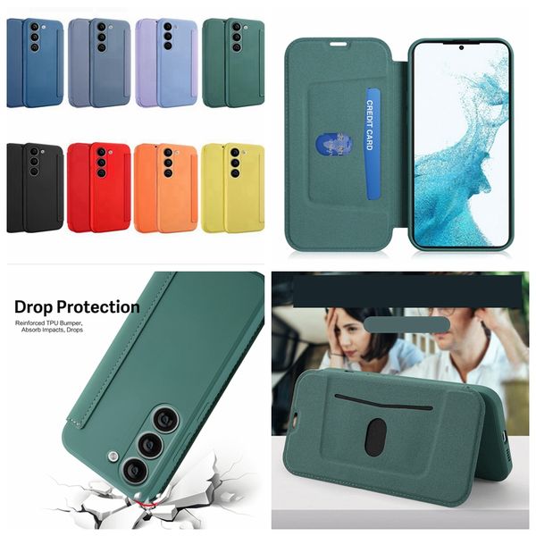 Kimlik kartı cep ince deri cüzdan kılıfları için iPhone 14 Pro Max 13 12 11 X XS XR 8 7 Plus Samsung S23 Ultra Moda Yumuşak TPU Sıvı Silikon Telefon Flip Cover Cover Cover Boler Tecesi