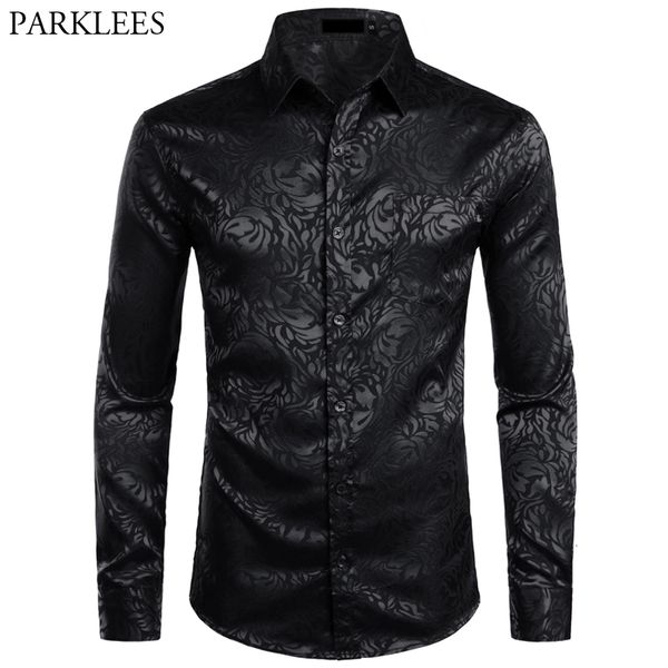 Camisas casuais masculinas vestido preto floral elegante manga longa steampunk masculino clube de festas bar social quimise homme 221130