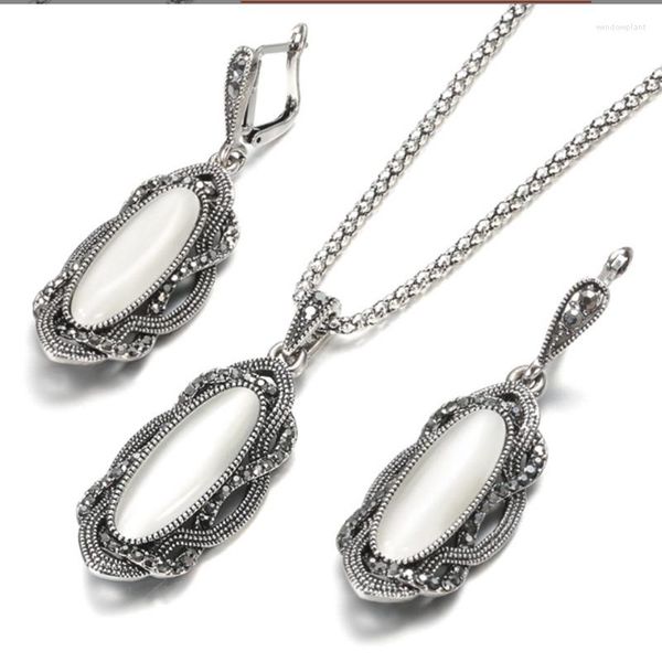 Halskette Ohrringe Set Mode Boho Weißer Stein Tibetsilber Mosaik Schwarzer Kristall Großer Ovaler Opal Für Frauen Vintage-Schmuck Geschenk