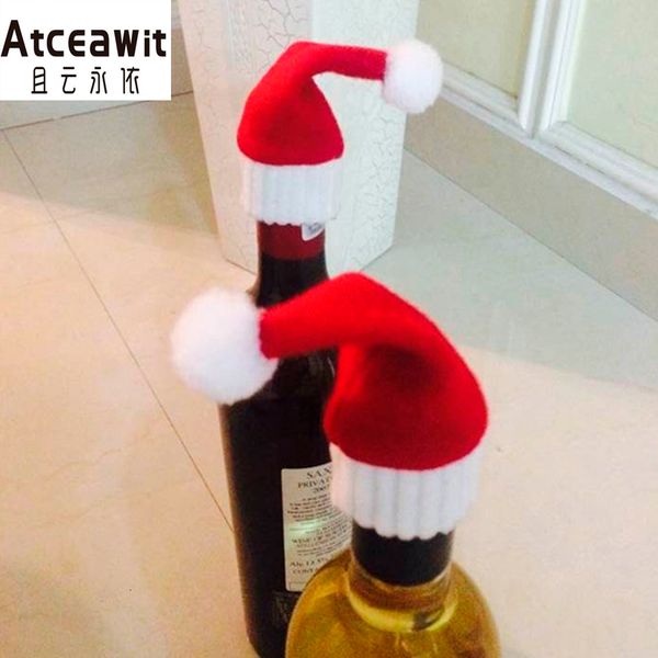 Chap￩us de festa 20pcslot Red Christmas Wine Bottle Caps Mini Santa Hat Hat Dinlen Table Decoration for Home Christmas Decoration 221201