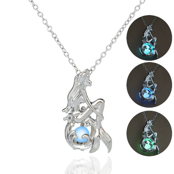 Collana luminosa che si illumina al buio, collane con ciondolo a forma di sirena del mare, medaglione per gioielli di moda da donna e ragazza Will e Sandy