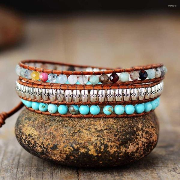 Strang dreifache Lederpackung Armbänder mit Naturstein Vintage Perlen Statement Bracelet Bohemian handgefertigte Schmuckgeschenke