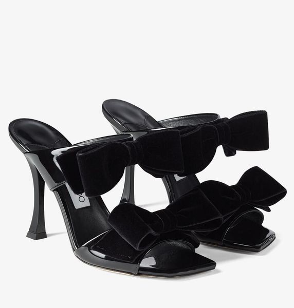 Знаменитый дизайн женщин Flaca Sandals Shoes с луком бархатного пятно квадратный квадратный квадратный мулы свадебное платье Lady Slapper eu35-43 Оригинальная коробка