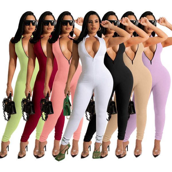 Kadınlar tulumlar Bodysuit Tasarımcı Giyim Seksi kolsuz onesies egzersiz v yaka fermuar bodycon bayanlar sıska rompers