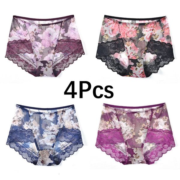 Calcinha feminina 4pcslot Lace calcinha feminina cintura m￩dia plus size feminino Sexy roupas ￭ntimas Ultrathin transparente Knicker sem costura lingerie 221202