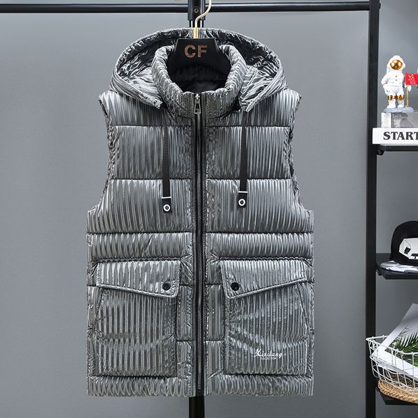 Gilet da uomo 3618 Nero Grigio Argento Superficie lucida Gilet caldo da uomo Gilet spesso Gilet da uomo Gilet senza maniche Gilet da uomo con cappuccio 221202