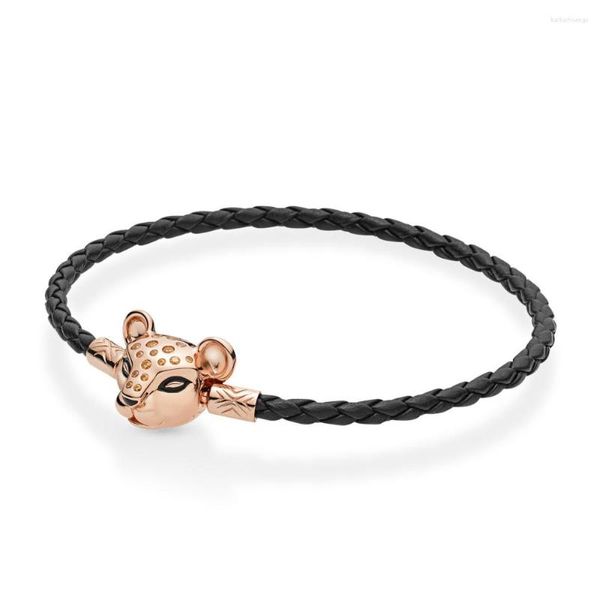 Bracelets de charme Mybeboa Solid Silver 925 Momentos do mar Rose Rose Sparkling Lion Princess Black Leather Bracelet for Women DIY Jóias todos os dias