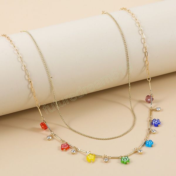 Böhmen Bunte Glas Blume CZ Kristall Kette Halskette Für Frauen Doppel Schicht Perlen Choker Halsketten Charme Schmuck