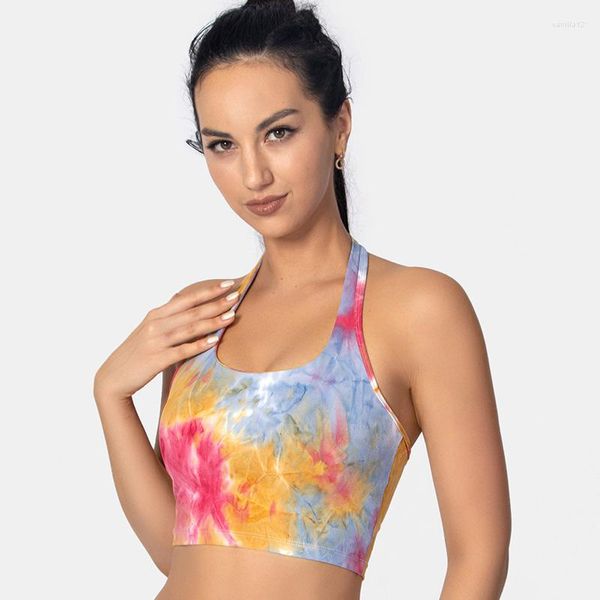 Yoga Outfit Tie Dye Halter Neck Reggiseno da corsa Crop Top Donna Sexy imbottito Sport Fitness Allenamento Allenamento Reggiseno Taglie forti