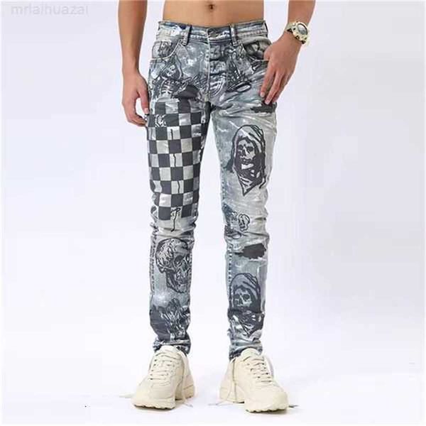 Herren-Jeans, Kleidung, Designer-Jeans für Männer und Frauen, Panther-Druck, Armeegrün, lange Distressed-Baumwolle, Kaninchen-Sticker-Stickerei, schmale, gerade Biker-Röhrenhose aus Denim