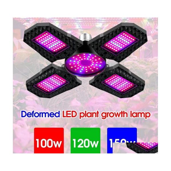 Luzes de cultivo 100W 120W 150W LED PLANT GROVEND L￢mpada E27 Deforma￧￣o dobr￡vel Luz de cultivo 4 folhas vermelhas Espectro de espectro