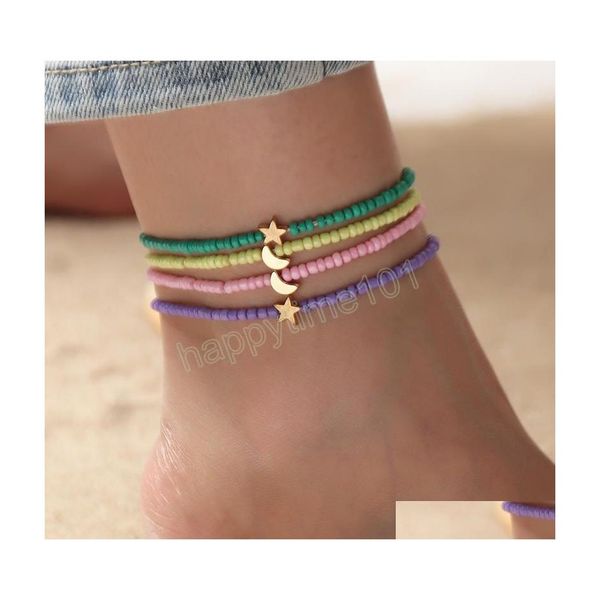 Tornozeleiras bo￪mios estilo praia de praia feita artesanal de cor s￳lida contas de liga de liga estrela lua de joias pendentes de j￳ias de joias de j￳ias DHH56