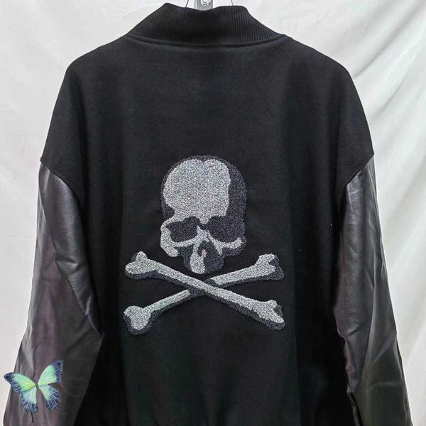 Giacche da uomo MMJ Skull Print Black Jacket Uomo Donna Hip Hop Giacca manica in pelle Uniforme da baseball Ricamo Logo Matermind Cardigan T221202