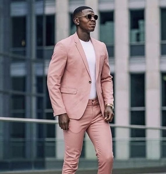 Street Style empoeirado rosa homens ternos 2 peças Blazer conjuntos