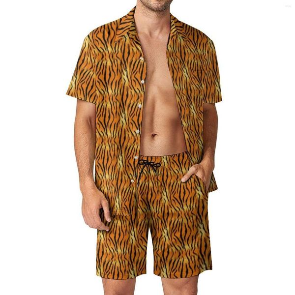 Erkek Trailtsits Orange Tiger Baskı Erkekler Setleri Parlak Hayvan Stripes Sıradan Gömlek Set Sokak Giyim Plaj Giyim Şort Yaz Takım Kırış