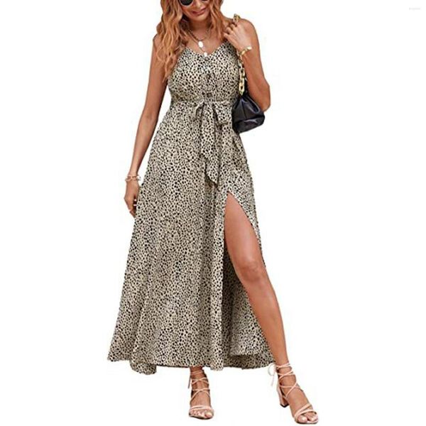 Abiti casual Estate Donna Sling Strap Maxi 2022 Moda senza maniche Beach Cover-up Scollo a V anteriore con spacco Cravatta in vita Abito sexy per le donne