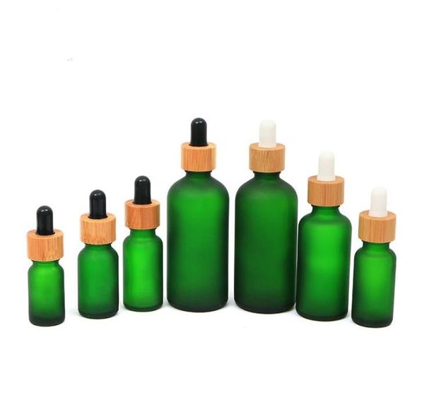 Frostglas -Tropfenflasche 10 ml 15 ml 20 ml 30 ml 50 ml mit Bambusdeckel Deckelkappe ätherische Ölflaschen Frosted Green SN408