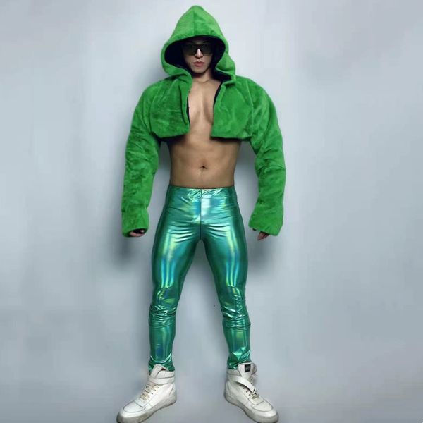 Stage Wear Nightclub Bar Sexy DJ GOGO DANCE Costume de dançarino masculino Party Show Rave Festival Clothing Green Faux Pur Coat calças de couro 221201