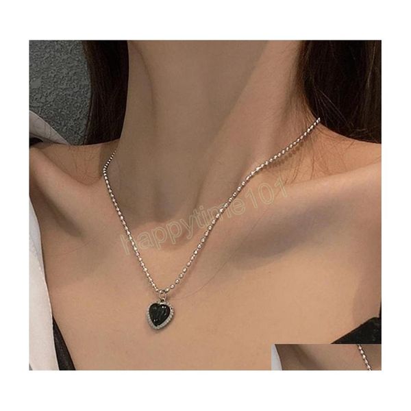 Collane con ciondolo Collana color argento coreano per donna Catena con perline Ciondolo cuore nero Collane girocollo semplici Gioielli di moda Drop Dhorn