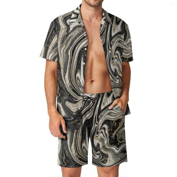 Men's Tracksuits Black White Marble Men Sets Swirl Modern Print Hawaii Casual Casual Conjunto de mangas curtas Terno de praia de verão PLUS PLUS