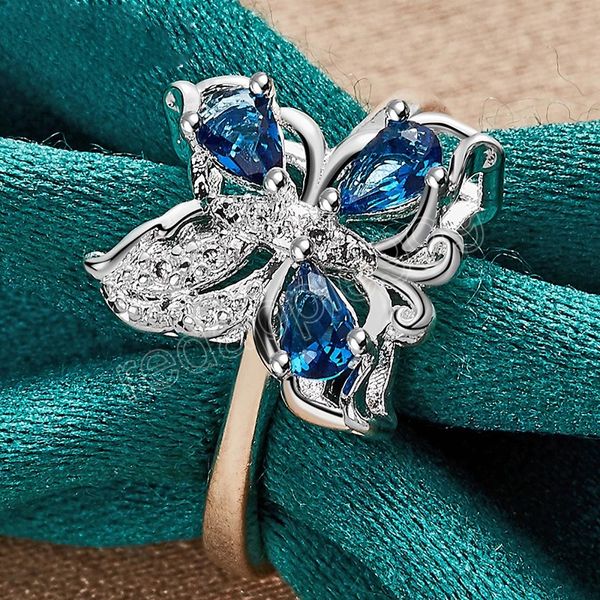 925 STERLING Gümüş Mavi AAA Zirkon Kelebek Yüzüğü Kadın Moda Düğün Nişan Partisi Hediye Charm Mücevherat