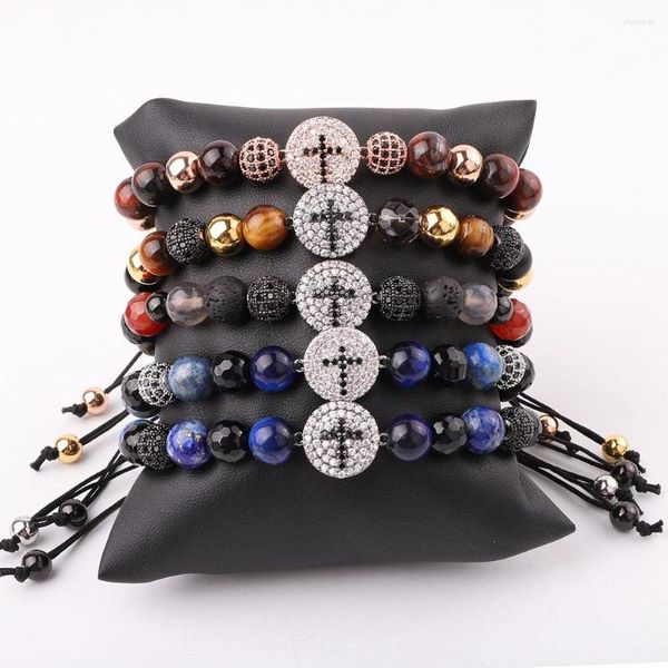 Strand JARAVVI Fashion CZ Pave Cross Charm Natural Stone Beaded Macrame Bracciale personalizzato da uomo