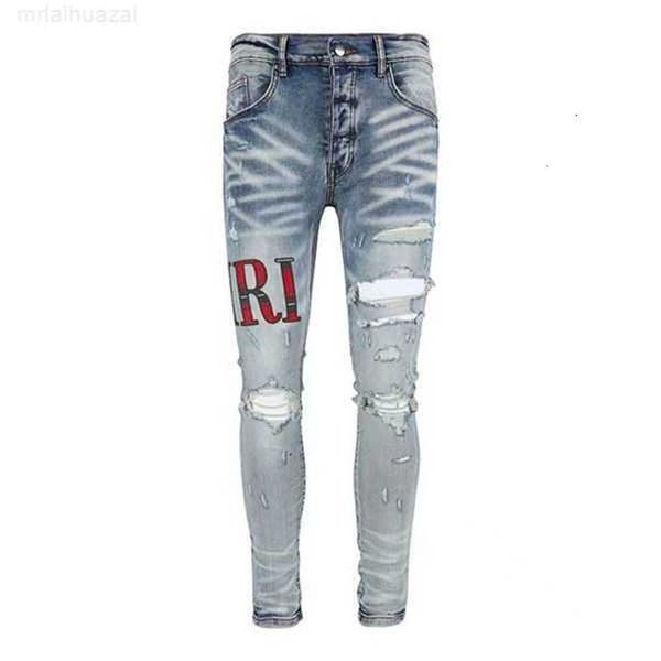 AM Jeans Masculino Vestuário Jeans Masculino Feminino Estampado de Pantera Verde Exército Longo Desgastado Algodão Coelho Adesivo Bordado Slim Denim Reto Motociclista Calça Skinny