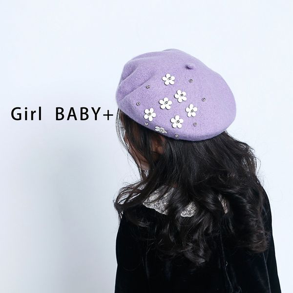 Girls Wool Autumn Winter Baby Girl Hat com flores Vintage Kids Beret Bap Acess￳rios para beb￪s Black Pink Purple Cream Color