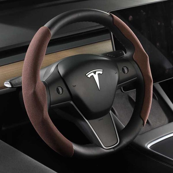 Coprivolante Tesla per Tesla Model 3 Model Y Model S Volante sportivo anti-pelliccia in pelle nera rossa in fibra di carbonio260n