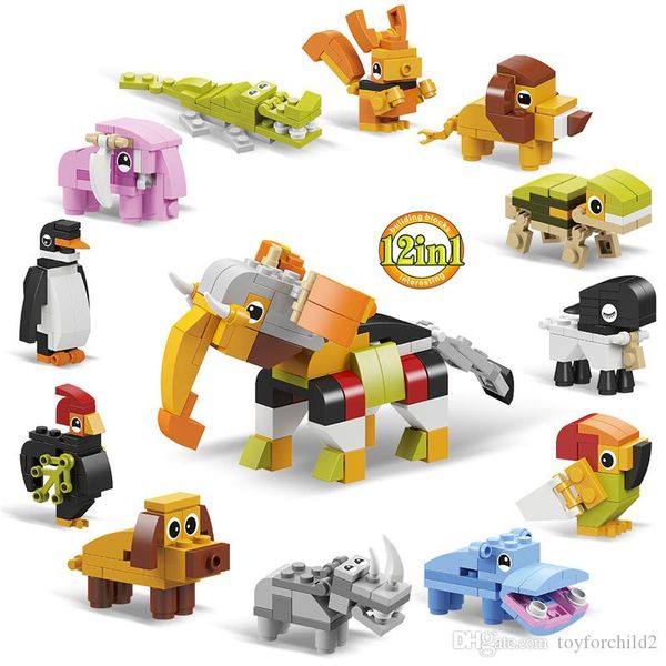 12 in 1 Lernspielzeug aus Kunststoff, Bausteine, Ziegel, Minifiguren, Tier, Nashorn, Nilpferd, Papagei, Schaf, Testudo, Löwe, Eichhörnchen, Elefant, Krokodil, Pinguin, Hahn, Hund