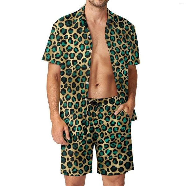 Men's Tracksuits Teal e Gold Leopard Men Desenta pontos de camisa casual estética de impressão de camisa casual de mangas curtas Terno da praia de verão Plus Tamanho 2xl