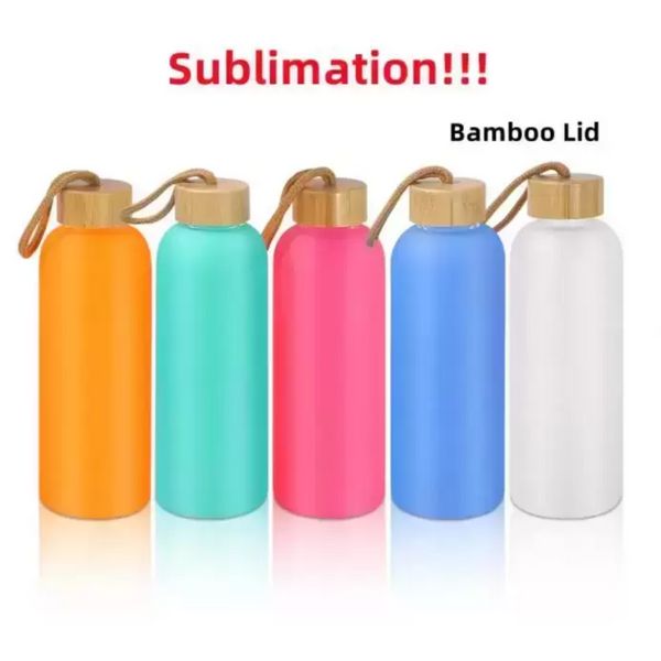 Bottiglie di succo opache di vetro della bottiglia di acqua smerigliata di sublimazione da 750 ml con coperchio di bambù Bicchiere da viaggio vuoto Tazze colorate ss1202