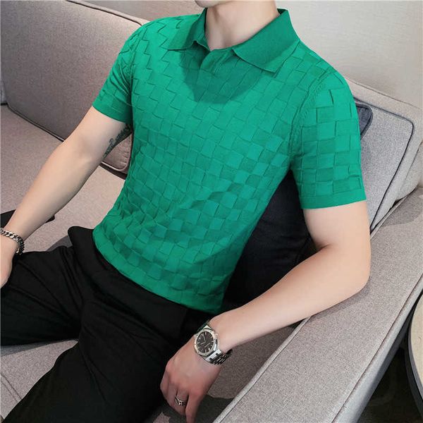 Erkek Tişörtler 2022 Yaz Ekose Kısa Kollu T-Shirt Vintage Yeşil V-Neck Örgü Polo Gömlek Streç İnce Lapel Sosyal Polos Erkekler T221202