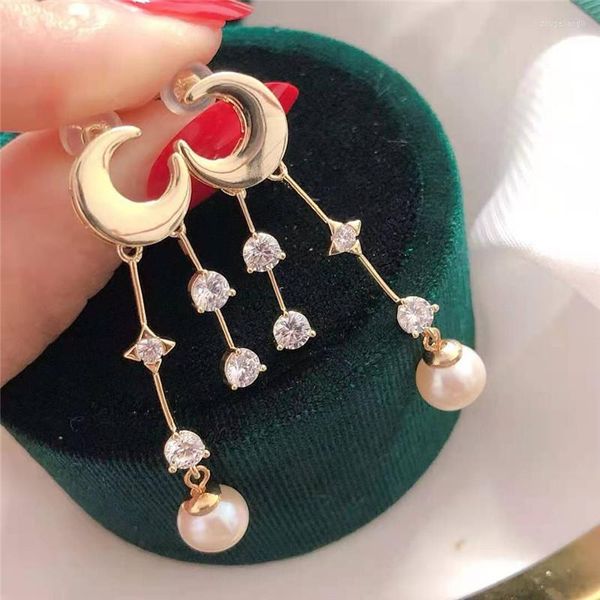 Dangle Ohrringe Mondform echtes Süßwasser 6-7mm Perle Gold plattiert Tropfen Schöne Party Hochzeitsfrauen Geschenk 10 Paare/Los