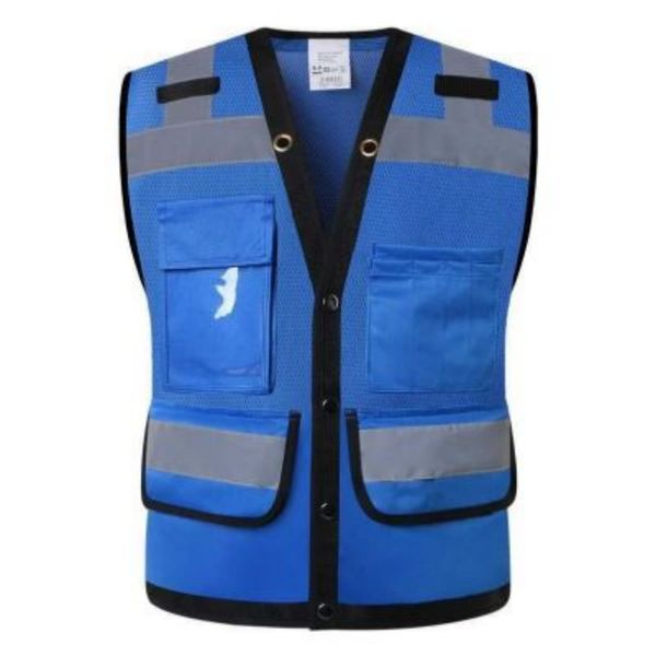 Gilet di sicurezza blu Petto 142 cm Gilet di sicurezza da lavoro in rete da uomo Gilet di sicurezza frontale con cerniera riflettente con tasche