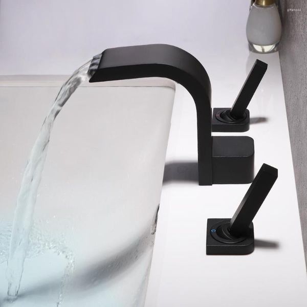 Rubinetti per lavabo da bagno SKOWLL Rubinetto per cascata Rubinetto per montaggio su ponte Riempitore per vasca Rubinetto per lavabo a 3 fori 2 maniglie Nero opaco HG-1121