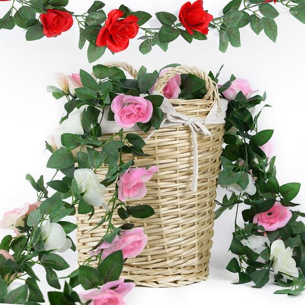 Fiori decorativi Vite artificiale Fiore di rosa di seta Stringa di foglie di edera per la decorazione di nozze Giardino domestico Arredamento per balconi Forniture da giardinaggio 1pz