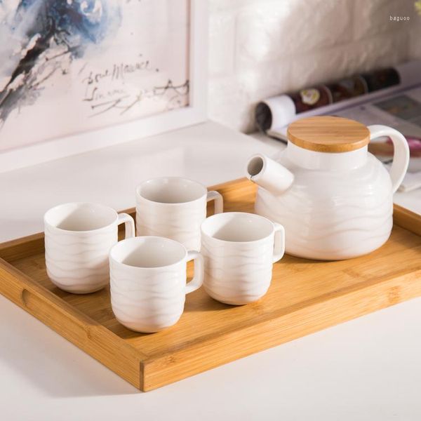 Geschirr-Sets, japanische Keramik, weiß, kreativ, gewellt, Tee-Set, Blumenkessel, Teetasse, 1 Kanne, 4 Tassen