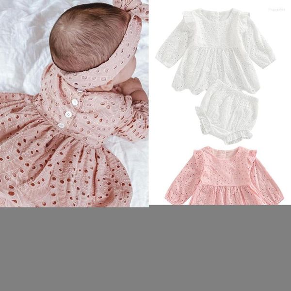 Set di abbigliamento Vestiti per neonate nati adorabili 0-24M Solido Scava fuori volant Manica lunga Abito pieghettato Pantaloncini Bloomers Abiti in cotone