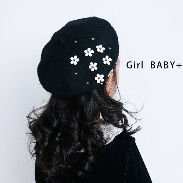 Berretti per cappelli per bambini alla moda per ragazze in lana Autunno Inverno Cappello per bambina con fiori Berretto per bambini vintage Accessori per bambina